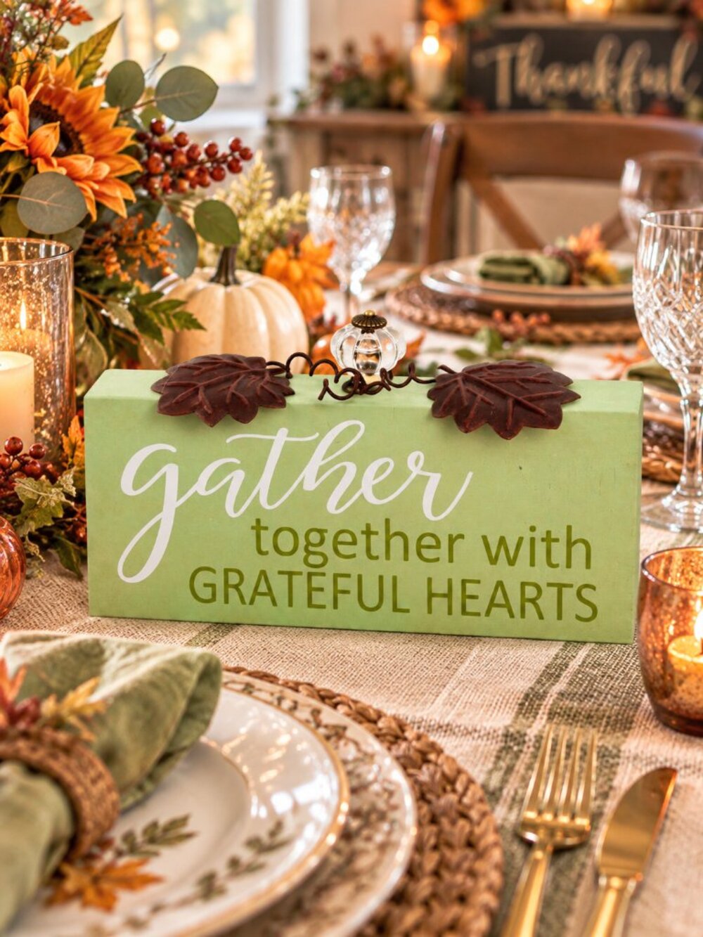 Gather Together Wood Sign Metal Leaves Crystal Accent Fall Thanksgiving Décor - Picture 3 of 3